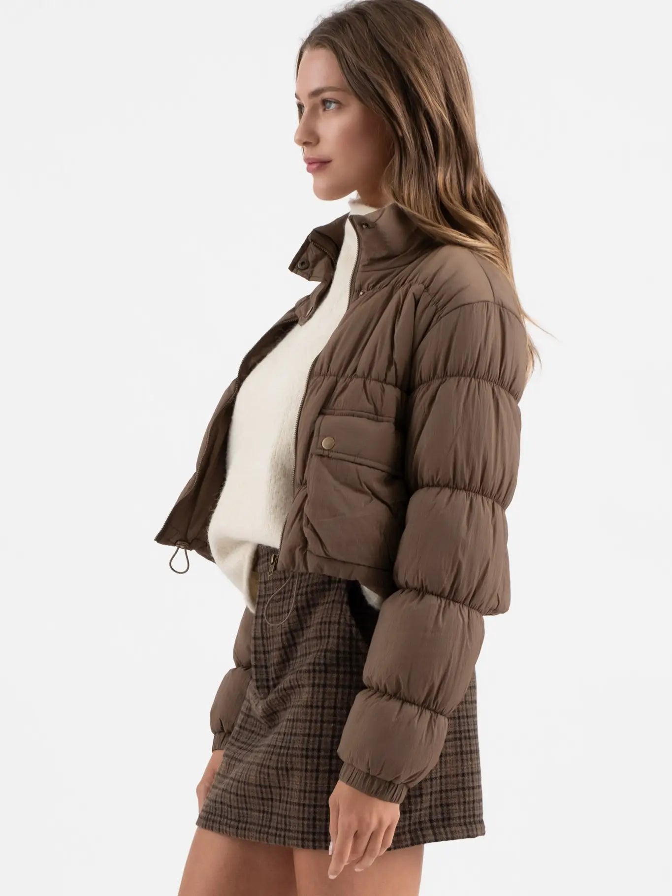 Cropped Cargo Puffer Jacket (Brown)