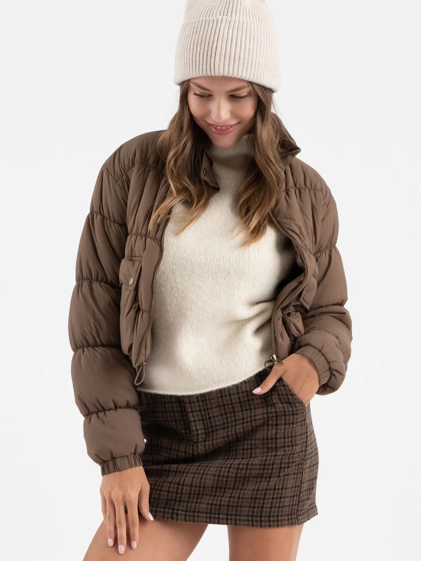 Cropped Cargo Puffer Jacket (Brown)