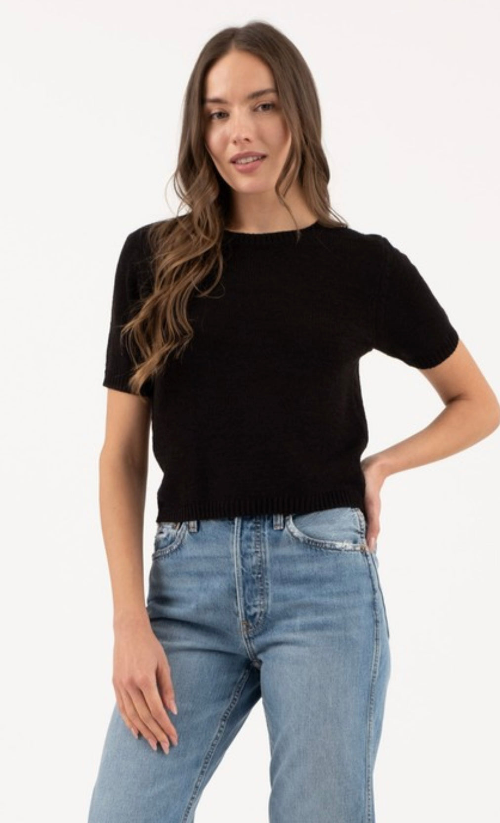 Black Crewneck Short Sleeve Sweater